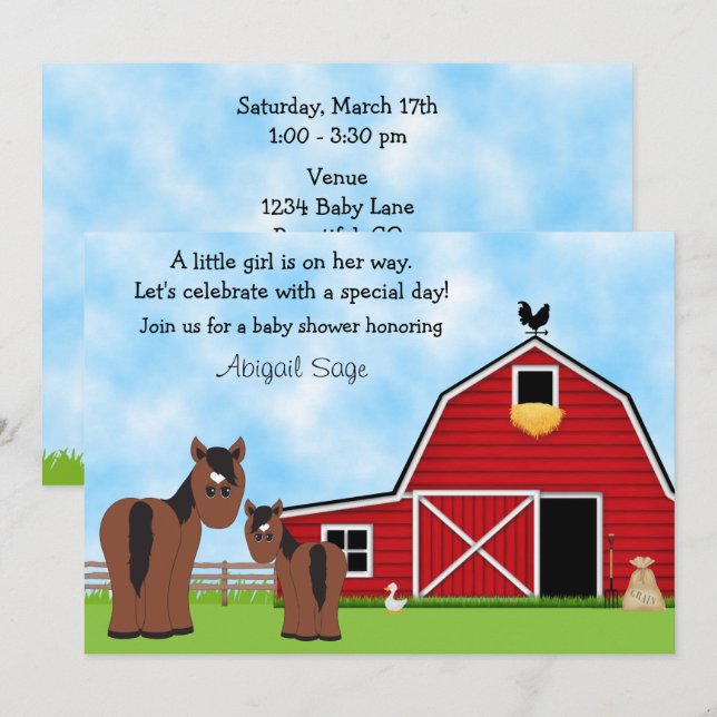 Invitación Cute Brown Horses y Red Barn Baby Shower (Anverso / Reverso)