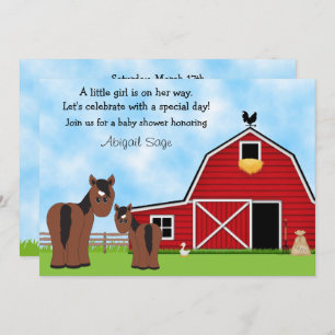 Invitación Cute Brown Horses y Red Barn Baby Shower