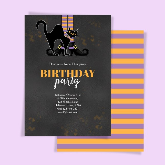 Invitación Cute Bruja Gato Negro Halloween Fiesta de cumpleañ (Birthday Halloween party invitation with witch and black cat.)