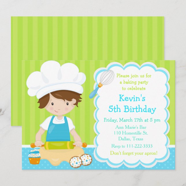Invitación Cute Brunette Boy Baking Birday Party (Anverso / Reverso)
