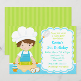 Invitación Cute Brunette Boy Baking Birday Party
