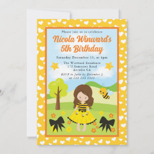 Invitación Cute Brunette Cabello Abeja Vestido Niña Cumpleaño