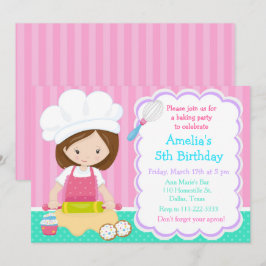 Invitación Cute Brunette Chica Baking Birthday Party