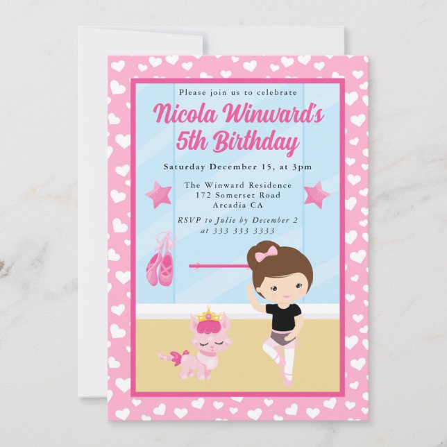 Invitación Cute Brunette Chica Ballerina Kids Cumpleaños (Anverso)
