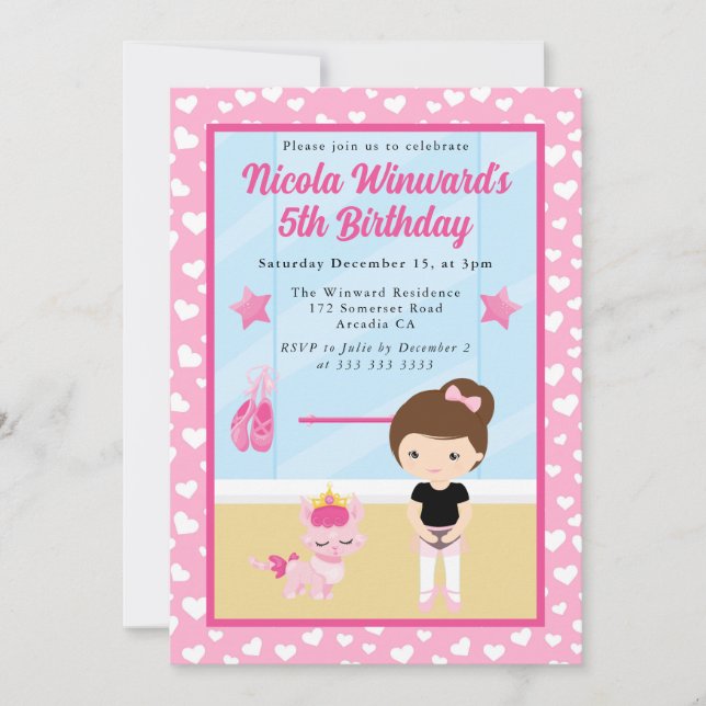 Invitación Cute Brunette Chica Ballerina Kids Cumpleaños (Anverso)