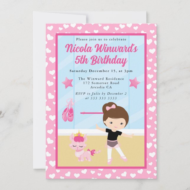 Invitación Cute Brunette Chica Ballerina Kids Cumpleaños (Anverso)