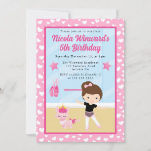 Invitación Cute Brunette Chica Ballerina Kids Cumpleaños