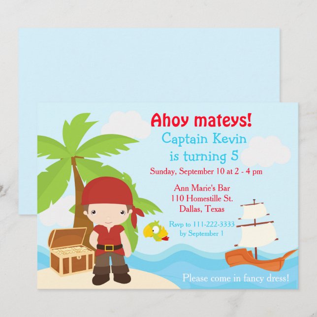 Invitación Cute Brunette Pirate Eye Patch Boy Fiesta de Cumpl (Anverso / Reverso)