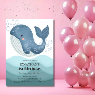 Invitación Cute Bubble Whale Ocean Wave Cumpleaños