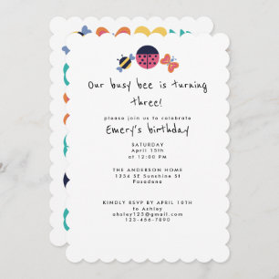 Invitación Cute Bug Garden Busy Bee Tercera Fiesta de Cumplea