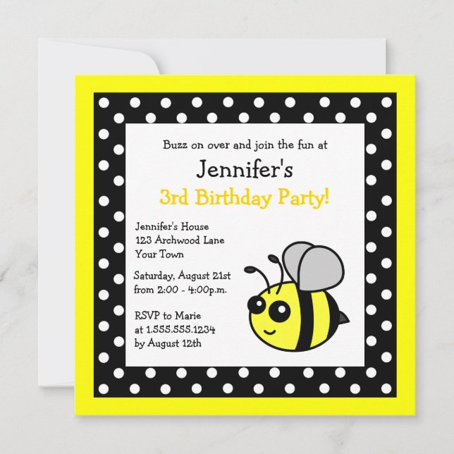 Invitación Cute Bumble Abeja cumpleaños puntos de polka negro (Anverso)