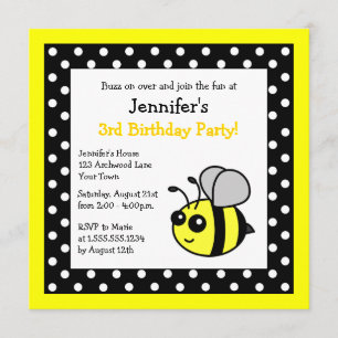 Invitación Cute Bumble Abeja cumpleaños puntos de polka negro