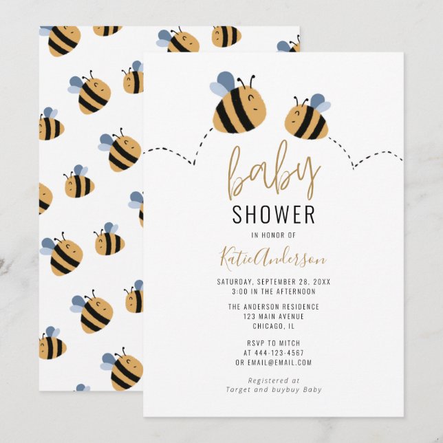Invitación Cute Bumble Bee Baby Shower (Anverso / Reverso)