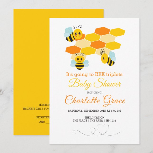 Invitación Cute Bumble Bee Triplets Baby Shower personalizado (Anverso / Reverso)