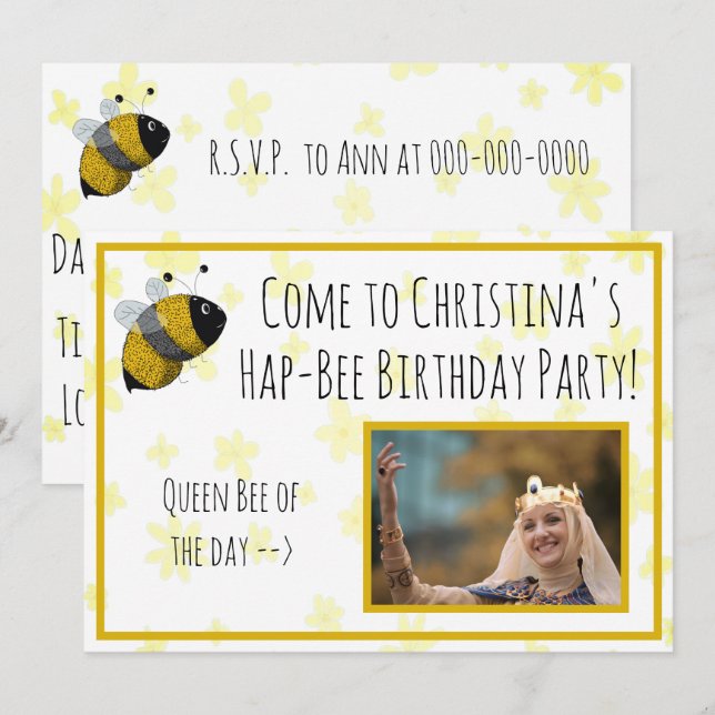 Invitación Cute Bumblebee amarillo y negro | Cumpleaños de Ha (Anverso / Reverso)