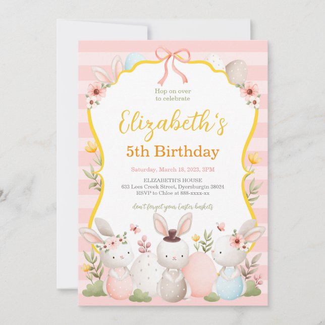 Invitación Cute Bunnies de Pascua Cumpleaños Rosa (Anverso)