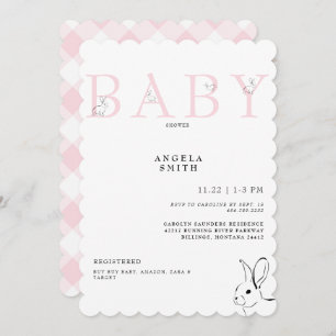 Invitación Cute Bunnies Pink Gingham Baby Shower