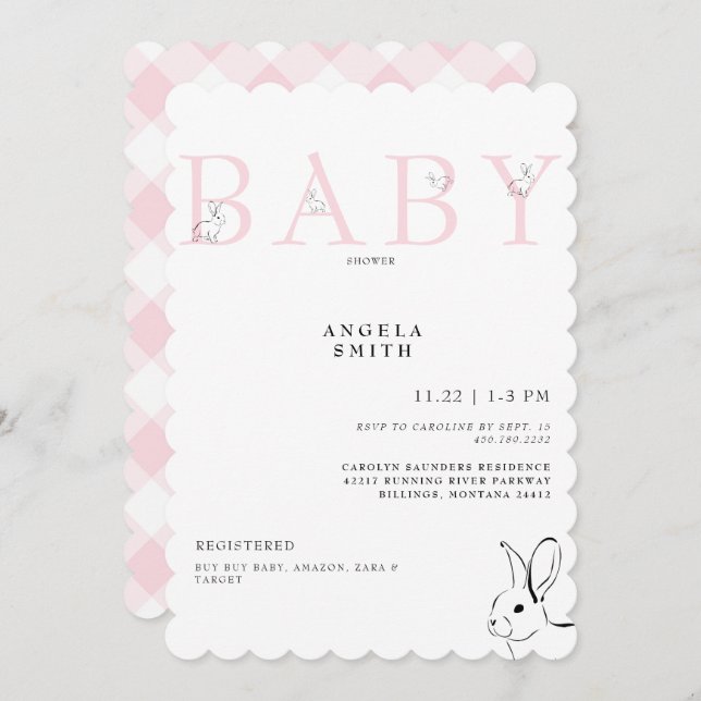 Invitación Cute Bunnies Pink Gingham Baby Shower (Anverso / Reverso)
