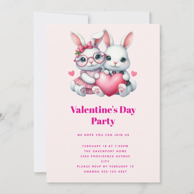 Invitación Cute Bunnies Sharing a Heart Valentine's Party (Anverso)