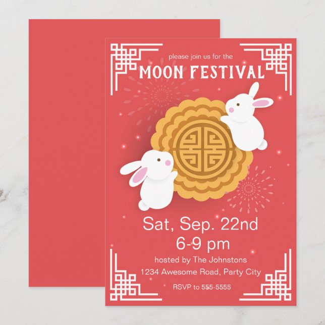 Invitación Cute Bunnies y Mooncake Festival de Mediados de Ot (Anverso / Reverso)