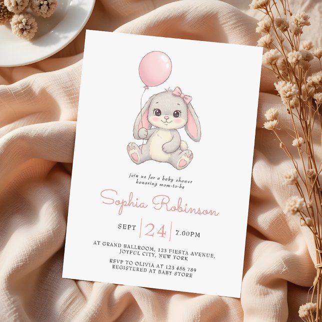 Invitación Cute Bunny Balloon Blush Pink Girls Baby Shower (Subido por el creador)