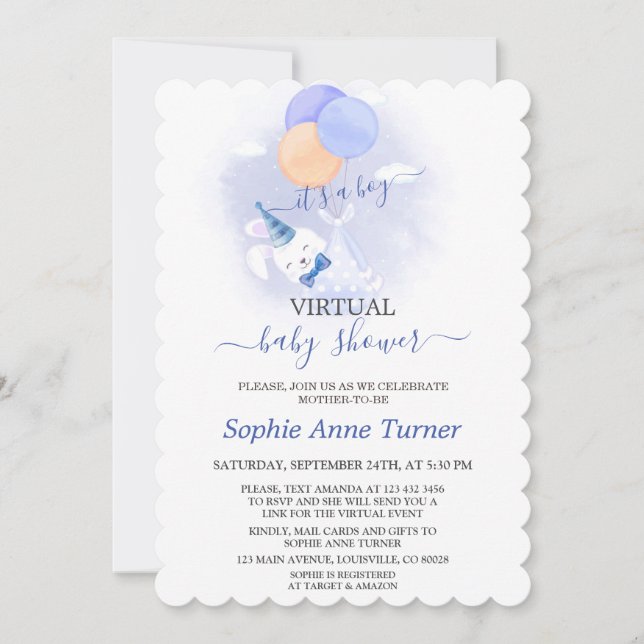Invitación Cute Bunny Balloons Boy Virtual Baby Shower (Anverso)