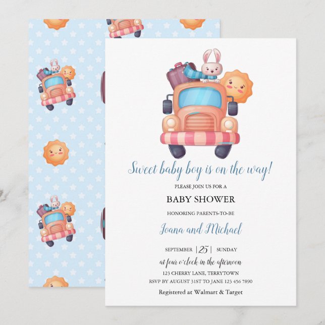 Invitación Cute Bunny Boy Baby Shower (Anverso / Reverso)