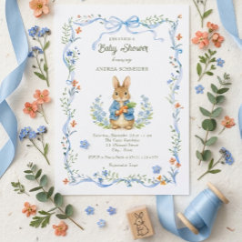 Invitación Cute Bunny Boy Floral Blue Bow Baby Shower