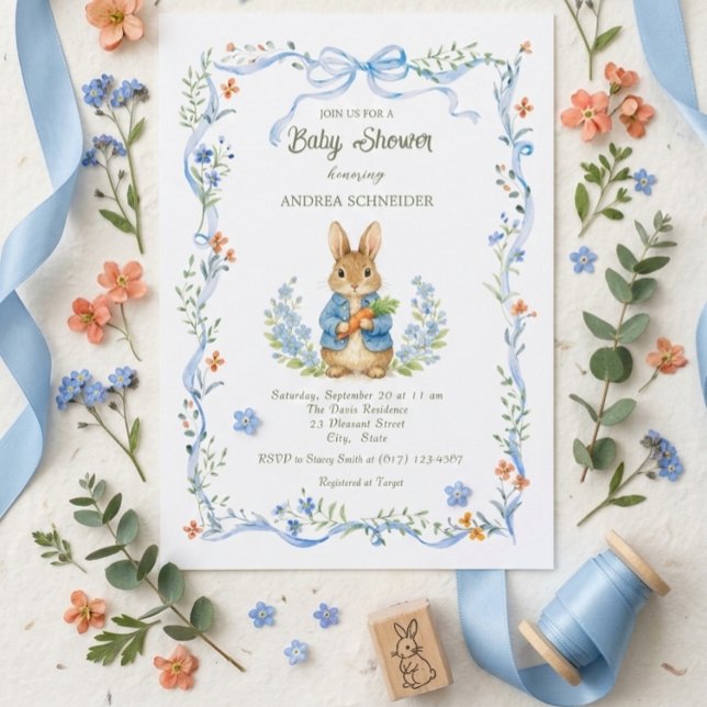 Invitación Cute Bunny Boy Floral Blue Bow Baby Shower (Subido por el creador)