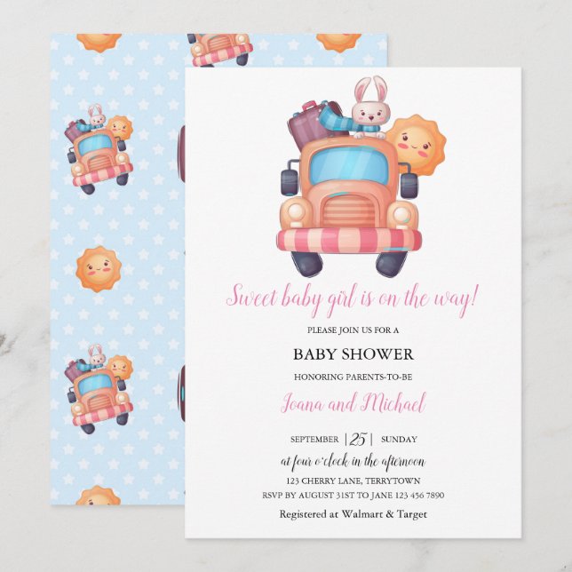Invitación Cute Bunny Chica Baby Shower (Anverso / Reverso)