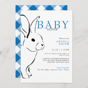 Invitación Cute Bunny Cobalt Blue Gingham Baby Shower
