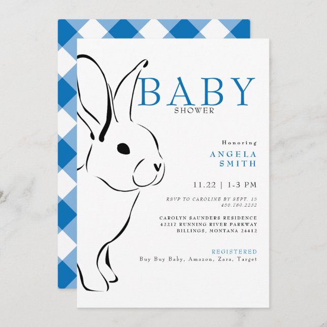Invitación Cute Bunny Cobalt Blue Gingham Baby Shower (Anverso / Reverso)
