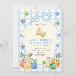 Invitación Cute Bunny Easter Brunch & Egg Hunt Blue Checkered