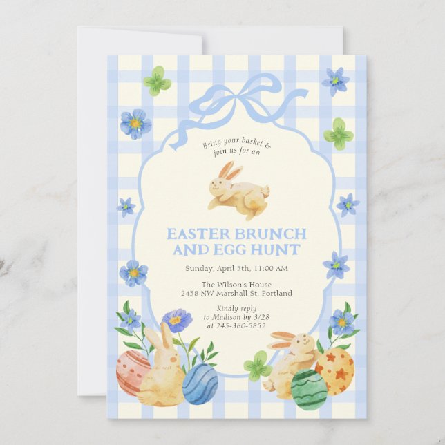 Invitación Cute Bunny Easter Brunch & Egg Hunt Blue Checkered (Anverso)