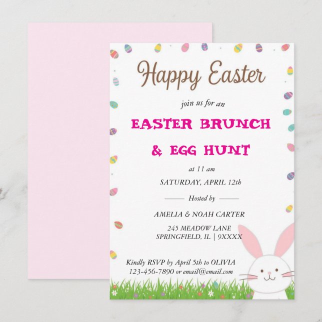 Invitación Cute Bunny  Easter BRUNCH & HUNT (Anverso / Reverso)