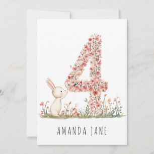 Invitación Cute Bunny Floral 4º cumpleaños