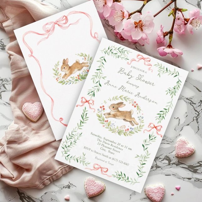 Invitación Cute Bunny Girl Floral Pink Bow Baby Shower  (Subido por el creador)