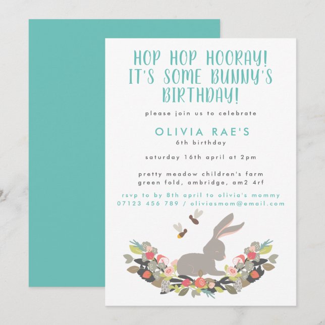Invitación Cute Bunny Hop Hop Hooray Kids Cumpleaños (Anverso / Reverso)