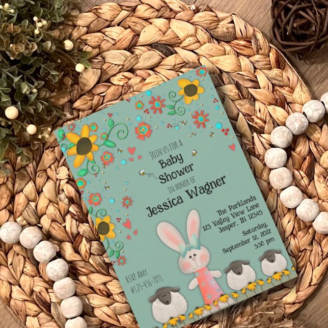 Invitación Cute Bunny Lambs Daisies Baby Unisex (Subido por el creador)