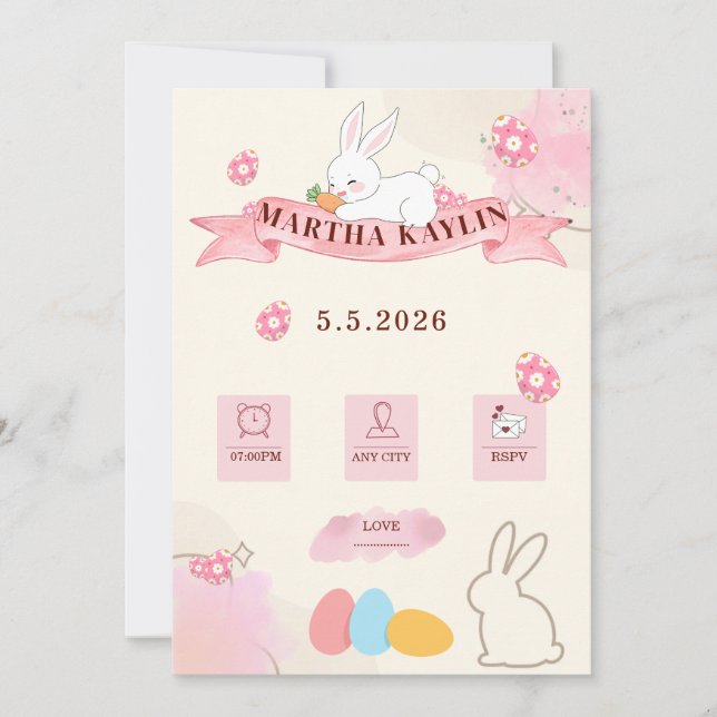 Invitación Cute Bunny Pastel Template Baby Shower (Anverso)