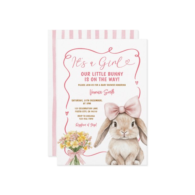 Invitación Cute Bunny pink bow coquette baby shower floral (Anverso/Reverso In Situ)