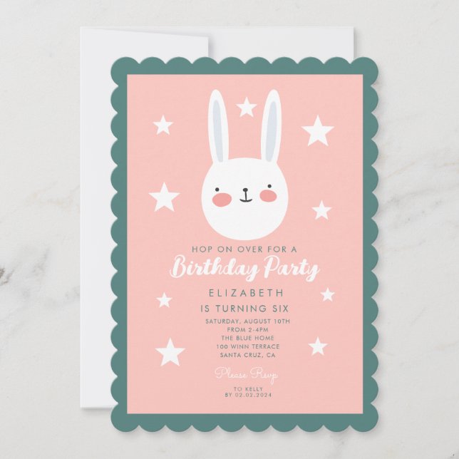 Invitación Cute Bunny Pink Green Purple Stars Cumpleaños (Anverso)