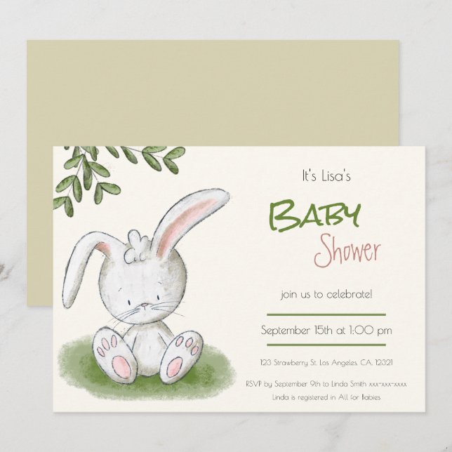 Invitación Cute Bunny Rabbit Greenery Neutral Baby Shower (Anverso / Reverso)
