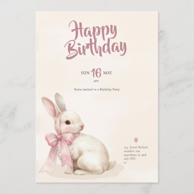 Invitación cute Bunny rabbit pink birthday party invitation (Anverso)