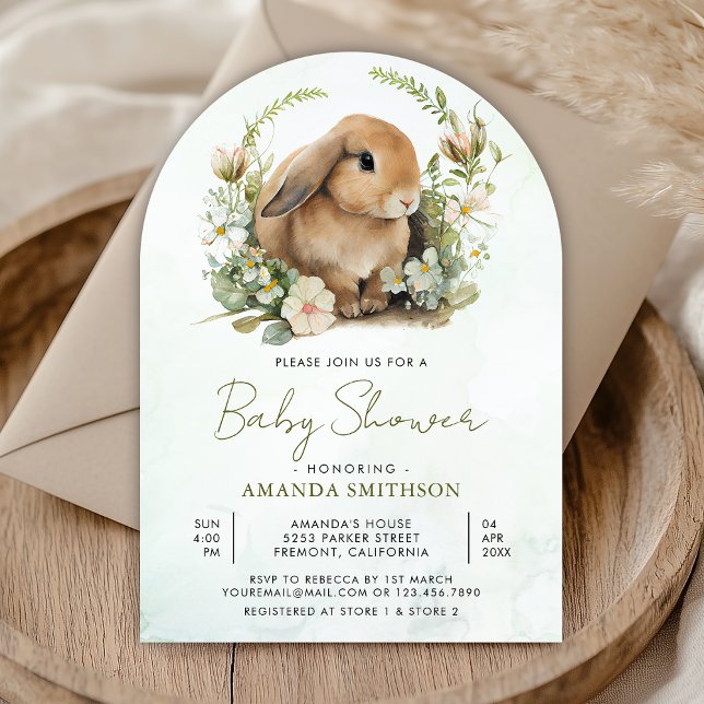 Invitación Cute Bunny Sage Green Floral Arch Baby Shower (Subido por el creador)