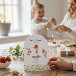 Invitación Cute Bunny Strawberry Theme First Birthday 