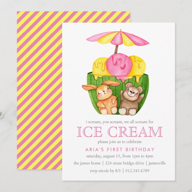 Invitación Cute Bunny Teddy Bear Crema de Hielo Primer Fiesta (Anverso / Reverso)
