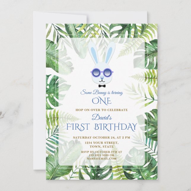 Invitación Cute Bunny Tropical Greenery Boy 1er cumpleaños (Anverso)
