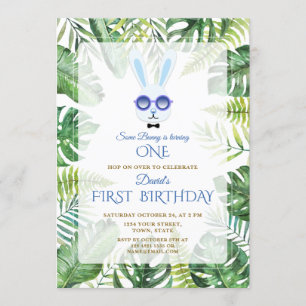 Invitación Cute Bunny Tropical Greenery Boy 1er cumpleaños