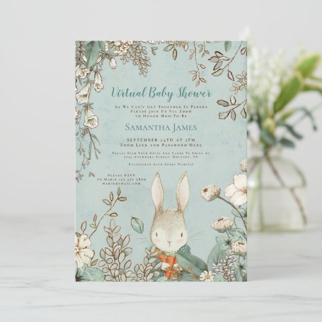 Invitación Cute Bunny Vintage Botanage Virtual Baby Shower (Anverso de pie)